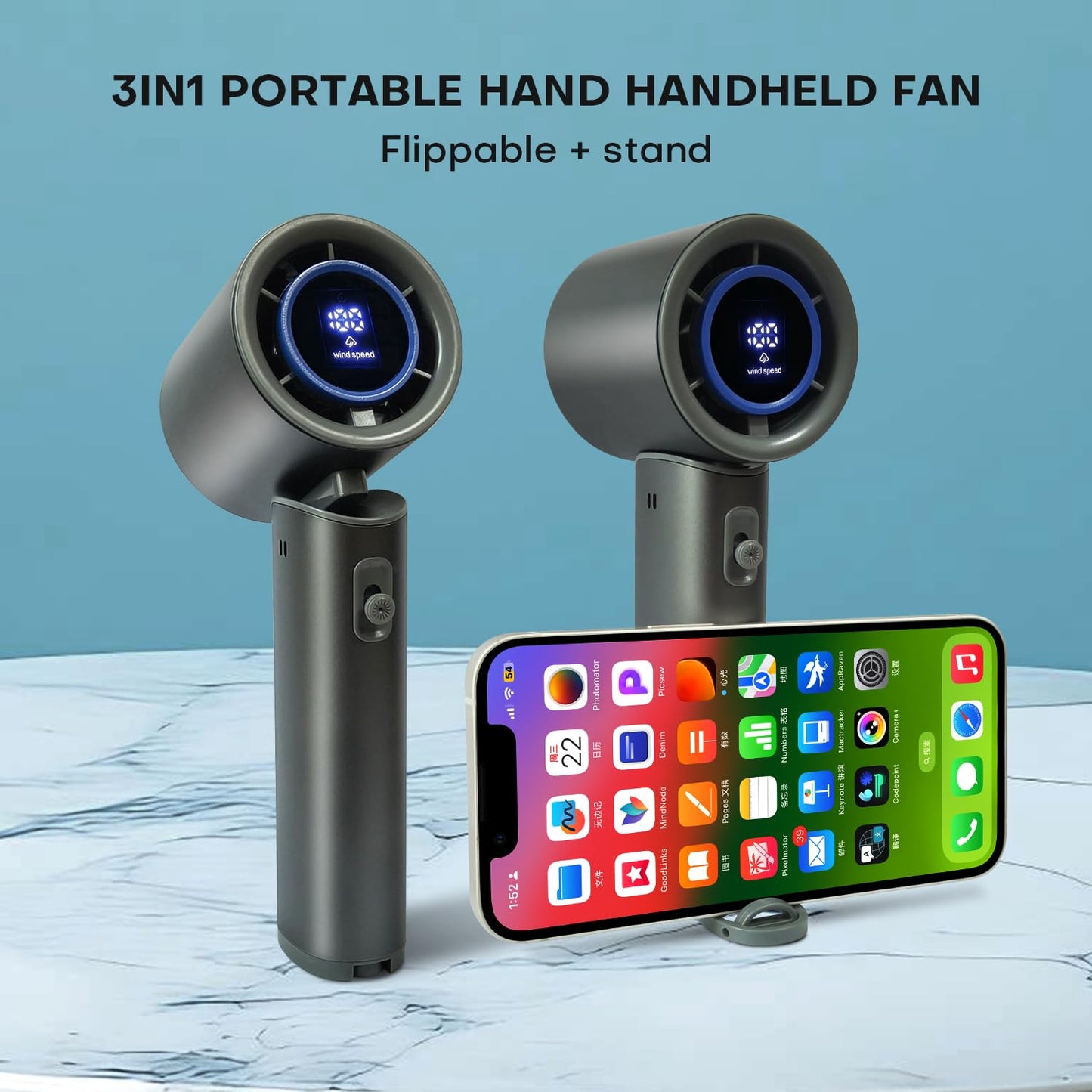 HmXiansen Portable Handheld Fan - 100 Speed Adjustable Turbo Mini Fan, 5000mAh Rechargeable Battery, Metal Body & Digital Display, Personal Desk Fan for Travel, Camping, Office, Outdoor - Grey