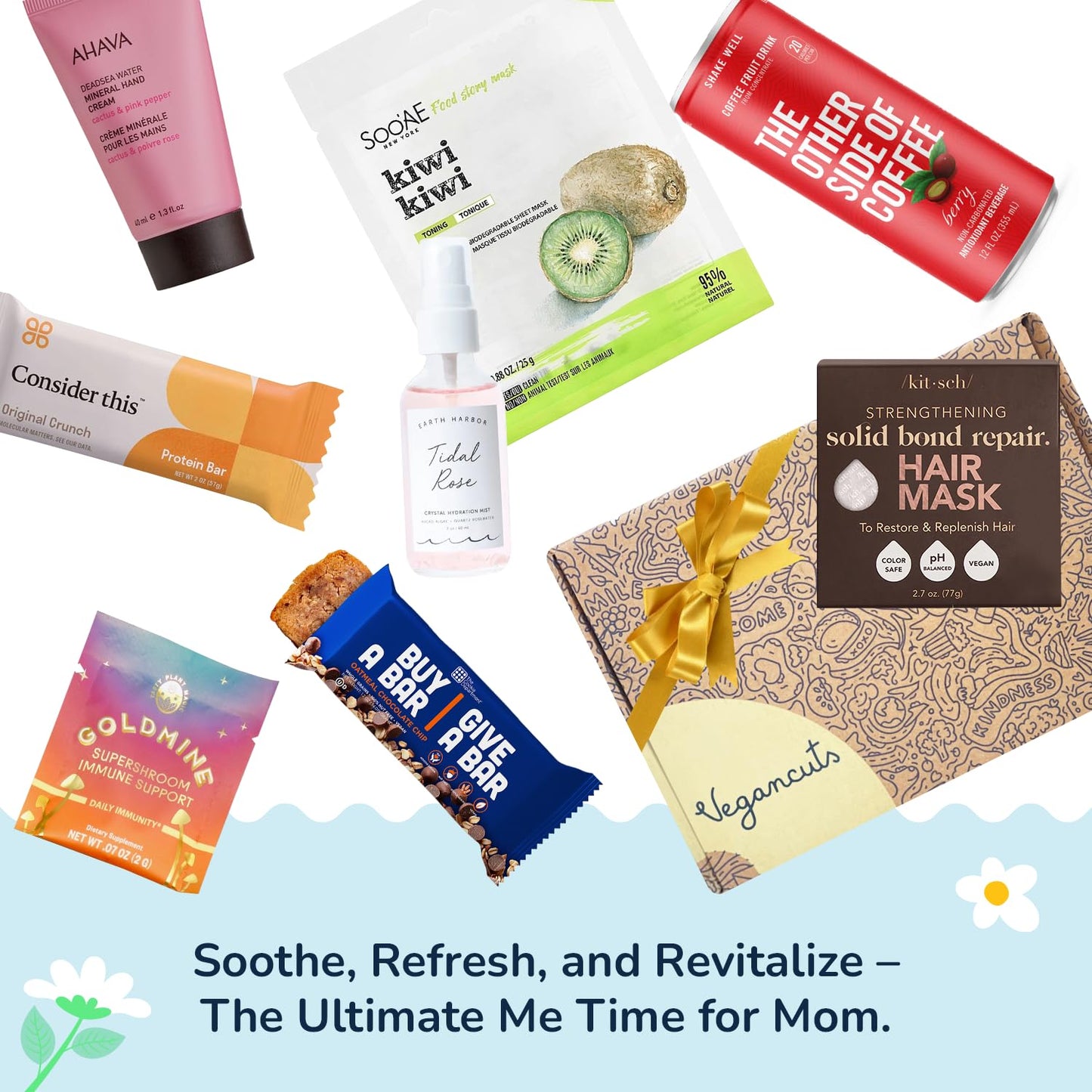 Vegan Wellness & Beauty Gift Box – Immune Support Powder, Protein Bars, Hydration Mist, Hair Mask, Hand Cream & Kiwi Mask – Ideal Gift for Moms, Women & Self-Care Lovers