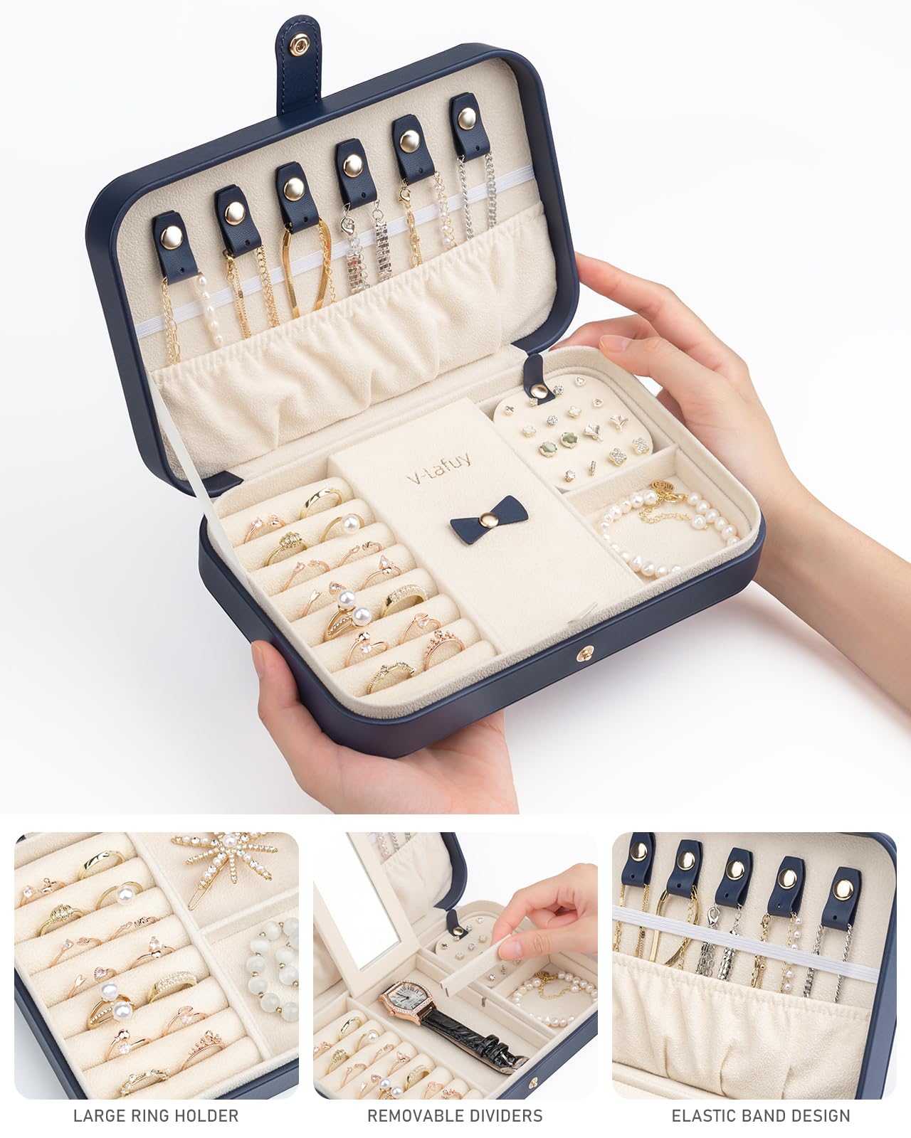V-LAFUY Travel Jewelry Case, Jewelry Box Small PU Leather Portable, Jewelry Travel Case for Rings Earrings Necklaces Bracelets Watch, Navy A