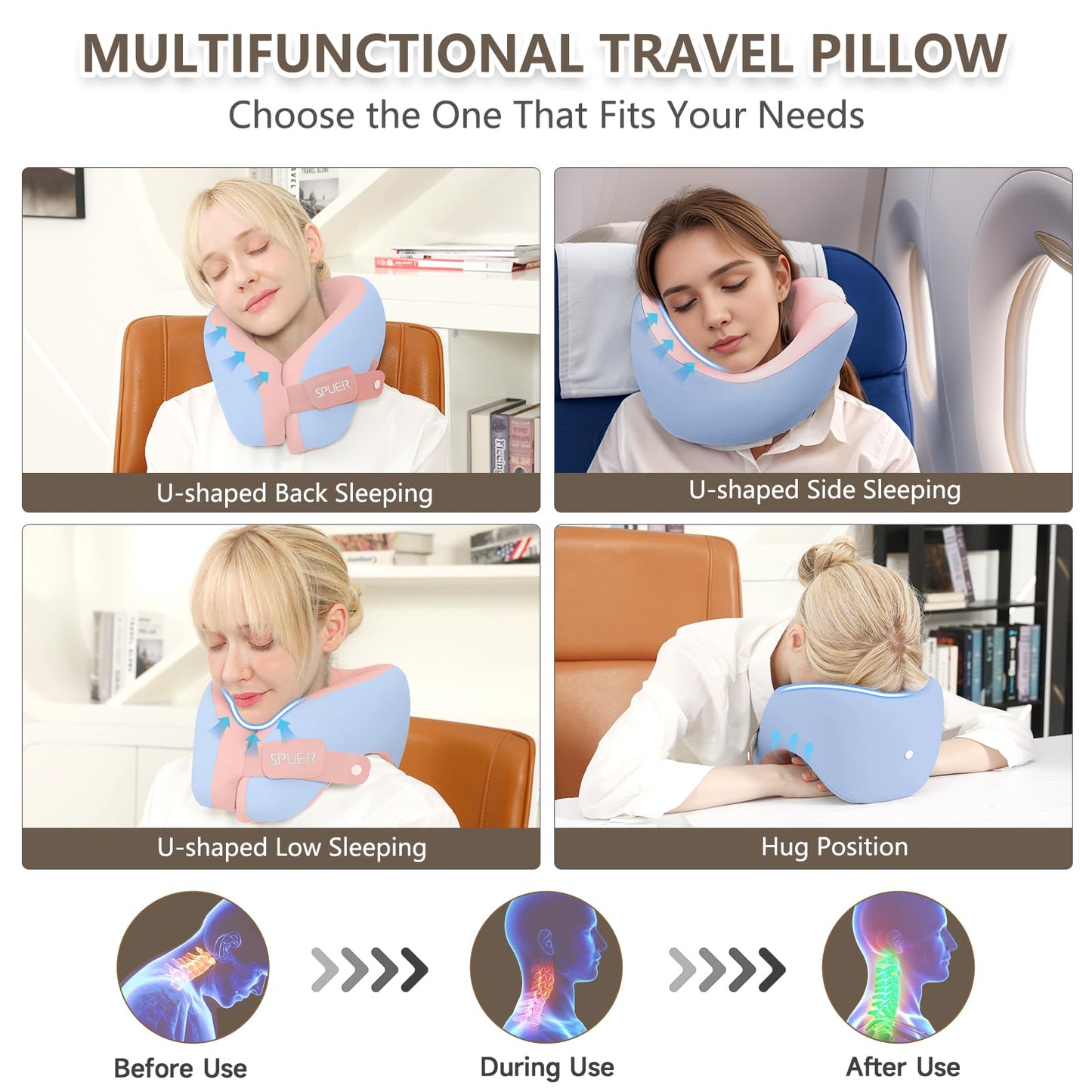 2in1 Ergonomic Memory Foam Travel Neck Pillow – Upgrade Travel Pillow for All Sleep Positions on Flights, Road Trips, and Long Distance Travel with Drawstring Bag (Adjustable - Blue and Pink)