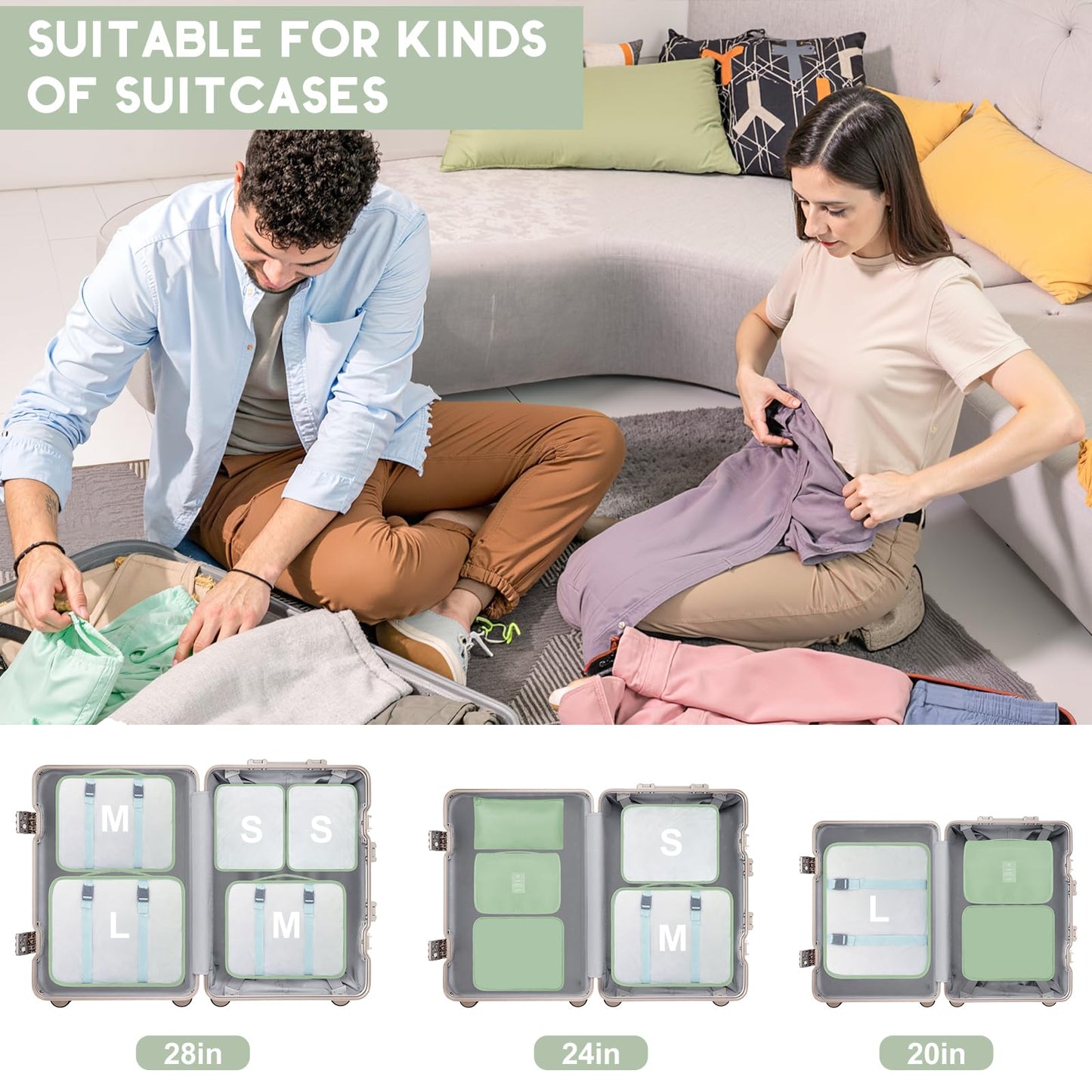 10 Set Packing Cubes for Travel, Travel Packing Cubes with Hanging Toiletry Bag and Shoe Bag, Suitcase Luggage Organizer Bags for Travel Essentials Women Men (Matcha)