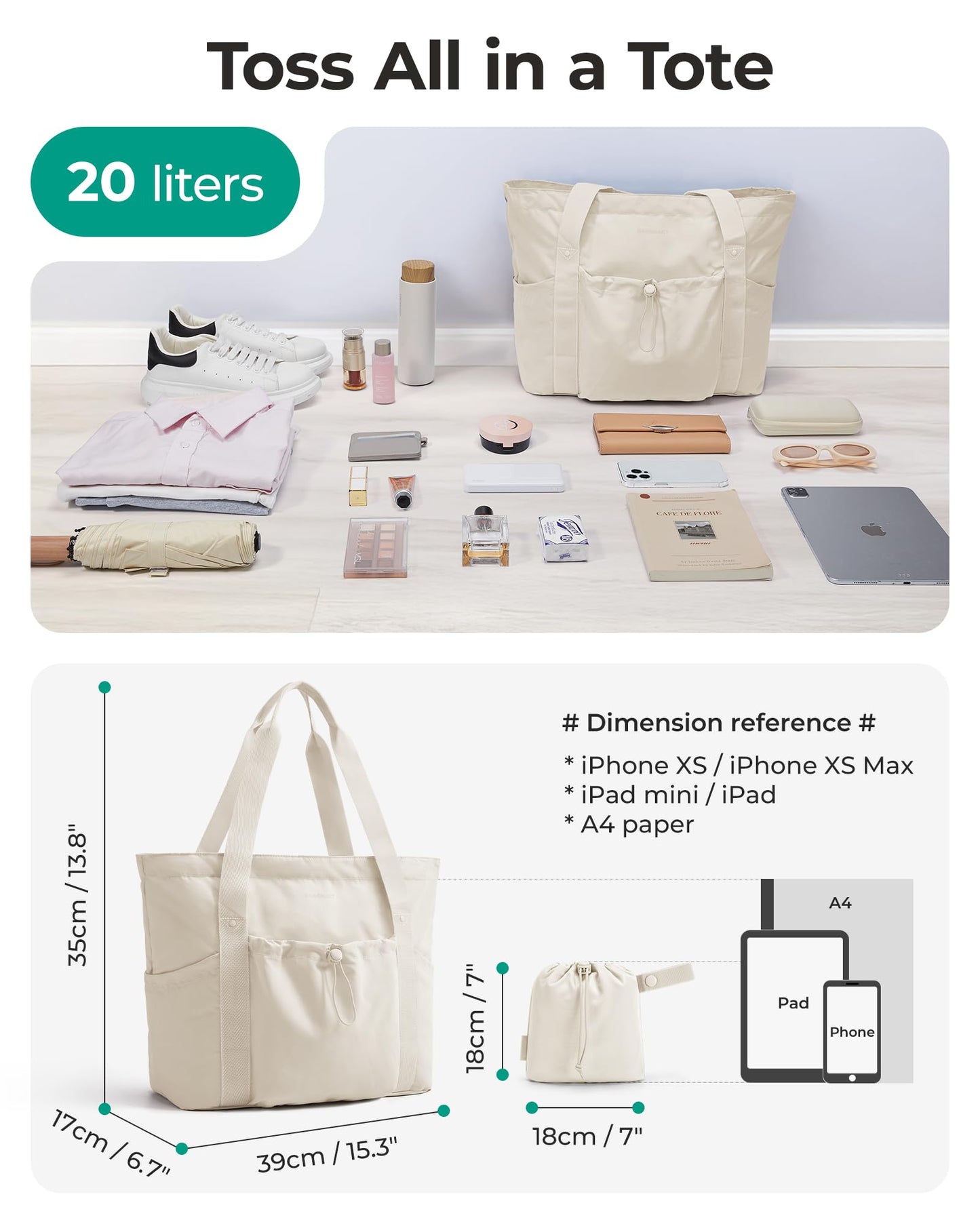 BAGSMART Foldable Tote Bag with Drawstring Bag, Large Tote Bag Shoulder Bag Top Handle Handbag for Travel, Work, Beach, Gym