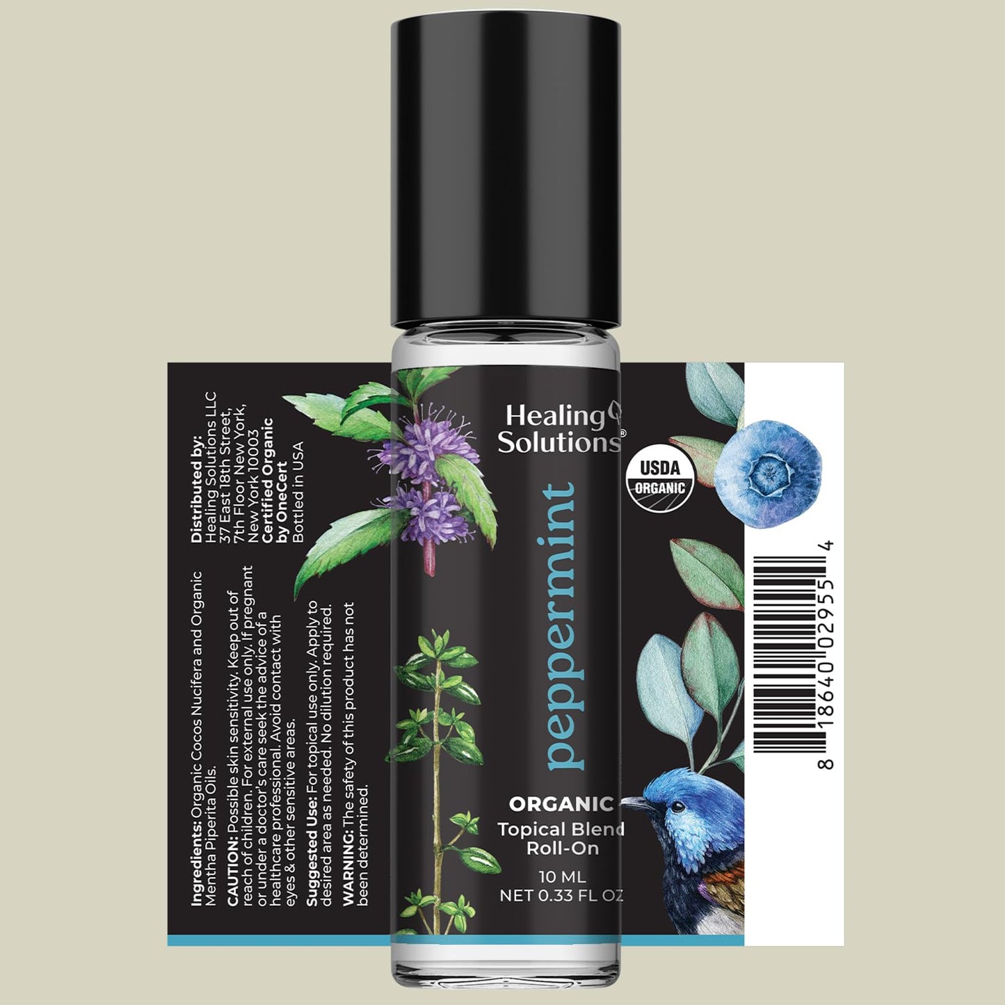 Healing Solutions (2 Pack) USDA Certified Organic Peppermint Essential Oil Roll-On Set for Body & Skin Care - Peppermint Essential Oil Roller