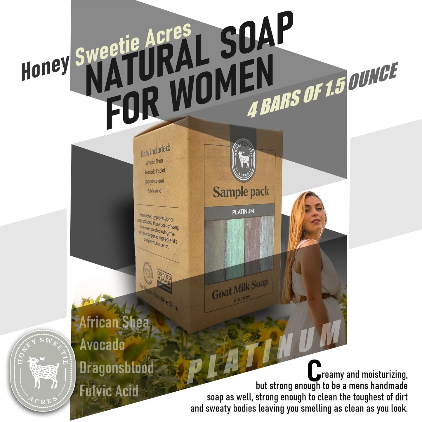 Honey Sweetie Acres Goat Milk Soap Travel Set – 4 Handmade Bars (approx 1.5 oz Each) – Fulvic Acid, Dragon’s Blood, African Shea, Avocado Facial – All Natural Platinum Collection