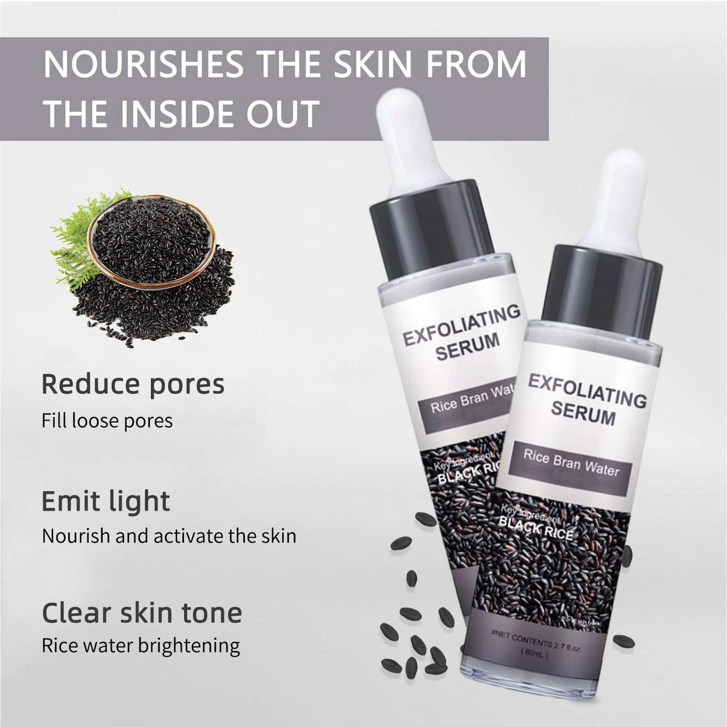 Rice Peeling Ampoule, Black and White Rice Serum Ampoule Duo for Face Exfoliant Dead Skin Remover, Day & Night Face Scrub, Gentle Peel + Pore Minimizing & Deep Hydration (Black Rice, 2.7floz)