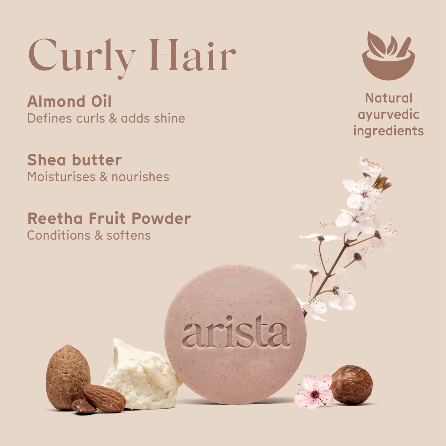 Arista Ayurveda Shampoo Bar with Curly Hair Sweet Almond Oil, Reetha Fruit Powder & Shea Butter, Moisturizing for Curly Hair, Travel size