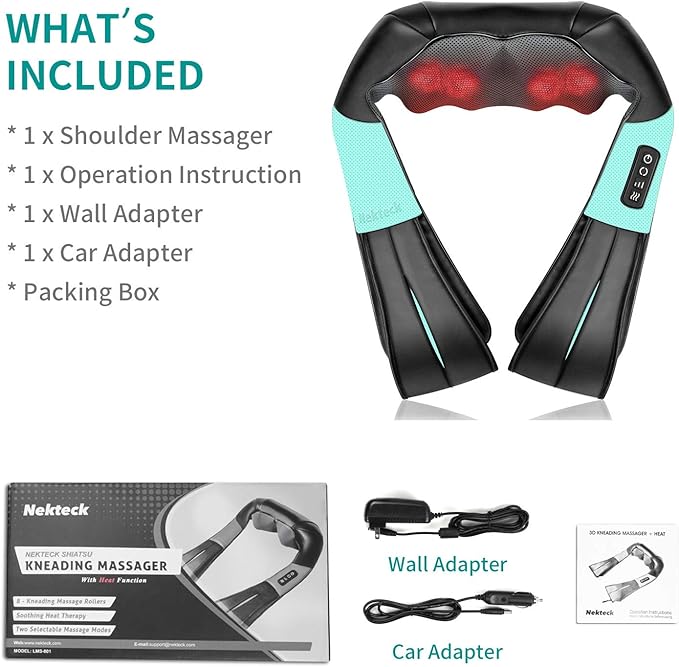 Nekteck Shiatsu Neck and Back Massager with Soothing Heat, Electric Deep Tissue 3D Kneading Massage Pillow for Shoulder Leg Full Body Muscle Pain Relief, Car Office and Home Use