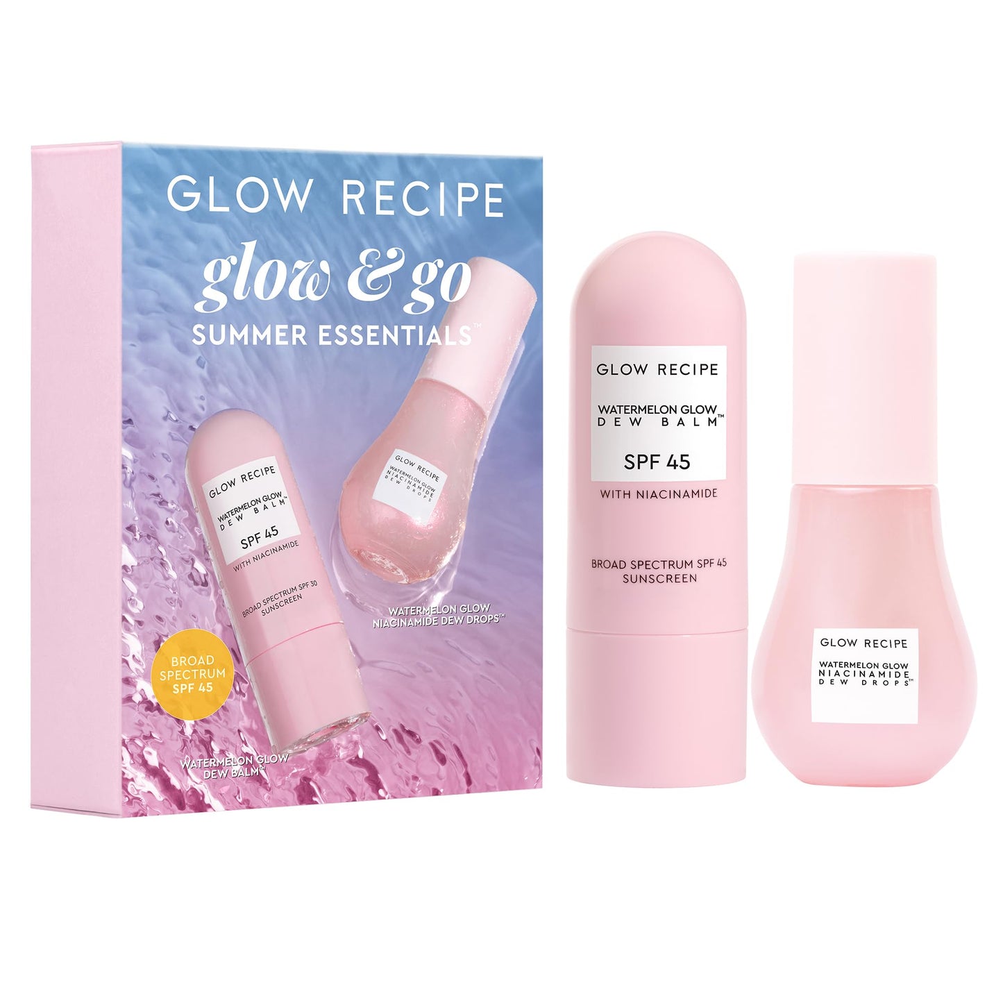 Glow Recipe Glow & Go Summer Makeup Prep Essentials Kit - Skincare Set with Full Size Korean Sunscreen with SPF 45 & Travel Size Niacinamide Dew Drops Face Serum (2 Count)