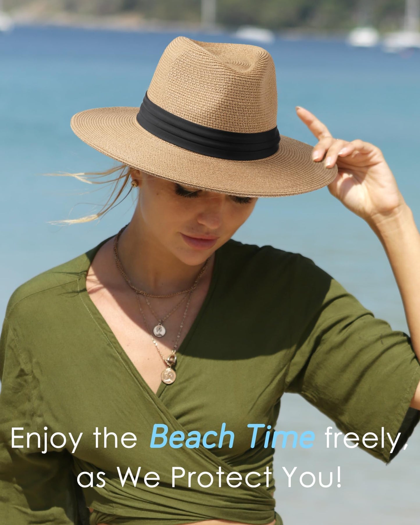 FURTALK Panama Hat Sun Hats for Women Men Wide Brim Fedora Straw Beach Hat UV UPF 80+