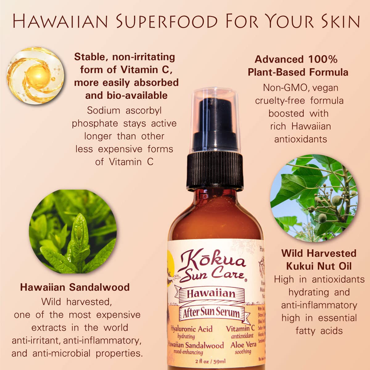Kokua Sun Care After Sun Serum with Aloe Vera | 2oz | Hyaluronic Acid & Sandalwood | Vitiman C | After Sun Lotion, Aleo Vera Gel For Face, Sunburn Relief, Beach Vacation Essentials, Travel Size Lotion