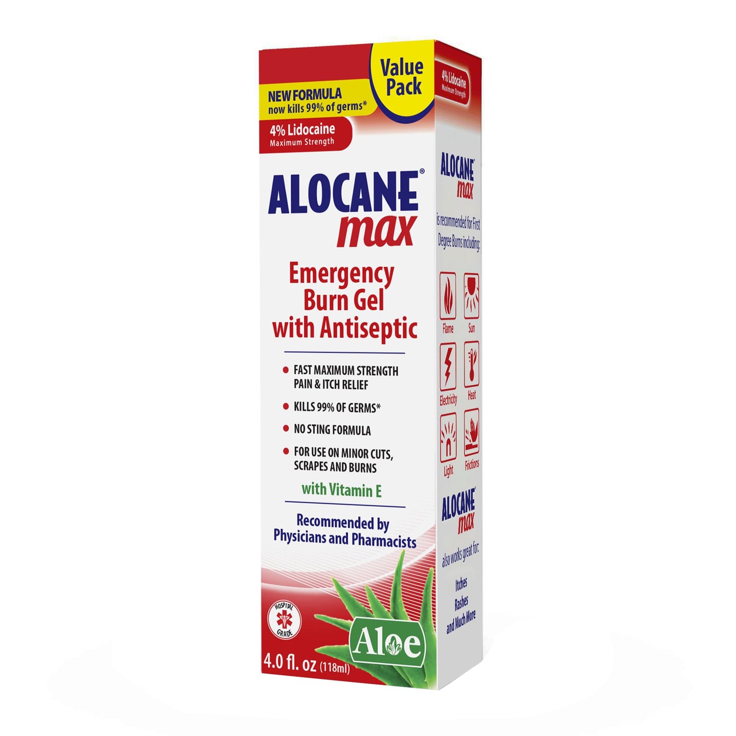 Alocane Max Emergency Burn Gel, 4% Lidocaine Hydrochloride, .13% Benzalkonium Chloride, Maximum Strength Relief, Itch Relief, For Sunburns, Kitchen, Radiation, Chemical, First-Degree Burns, 4 Fl Oz