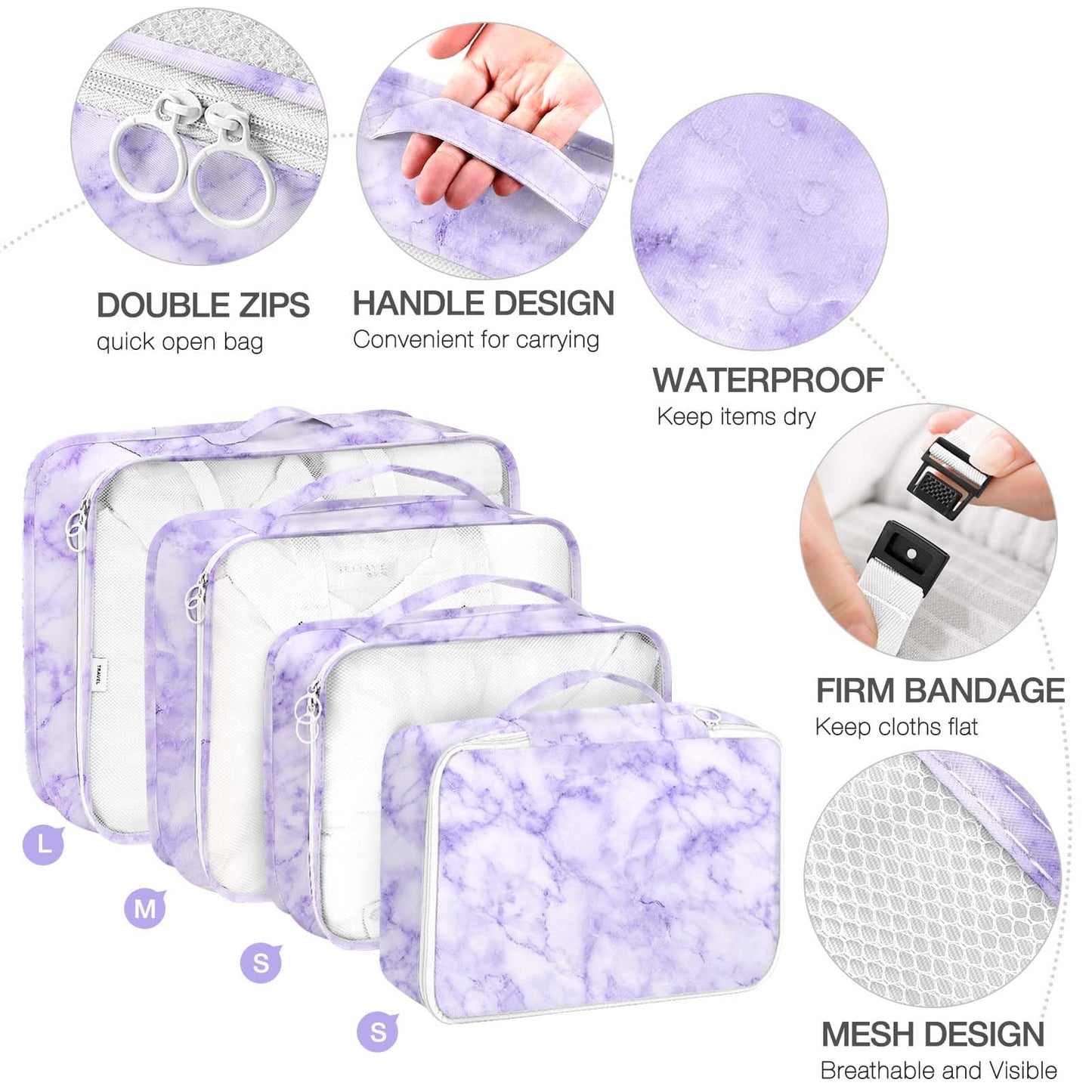 8 Set Packing Cubes for Suitcases,Packing Cubes with Shoe,Cosmetics,Clothing,Accessories Bags for Travel Luggage Organizer Women Men(Purple Marble)