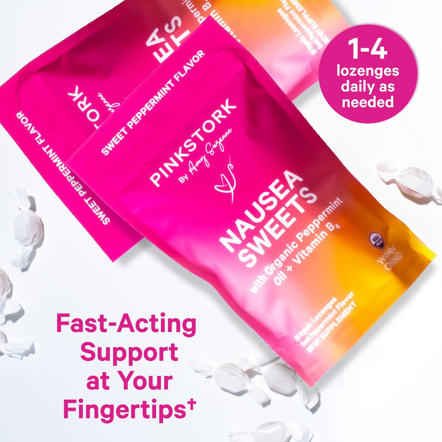 Pink Stork Organic Peppermint Sweets for Morning Sickness and Motion Sickness Support, Added Vitamin B6, 1st Trimester Pregnancy Must Haves - 30 Wrapped Peppermint Candies