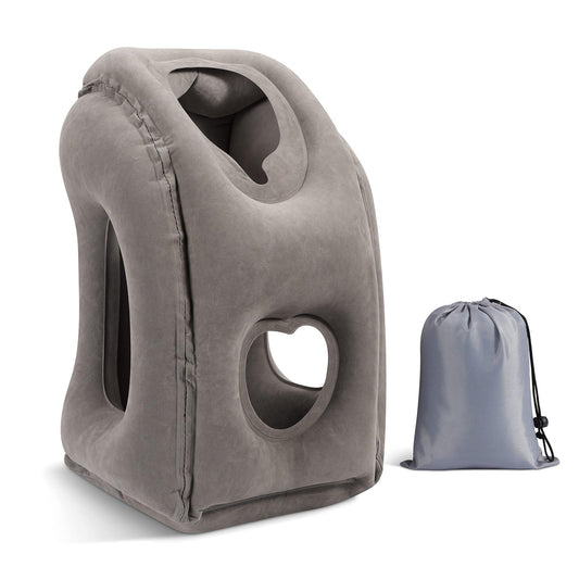 MoKo Inflatable Travel Pillow, Comfortable Neck Pillow with Storage Bag Support Shoulder and Neck to Avoid Pain for Airplane Train Office Car Travel Home, Gray