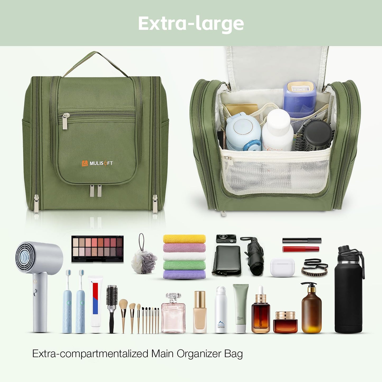 MULISOFT Travel Toiletry Bag for Women & Man, Extra Large Toiletry Bag, Portable Hanging Toiletries Bag, Water Resistant Dopp Kit for Toiletries, Cosmetics, Big Comparment Travel Makeup Bag, Green