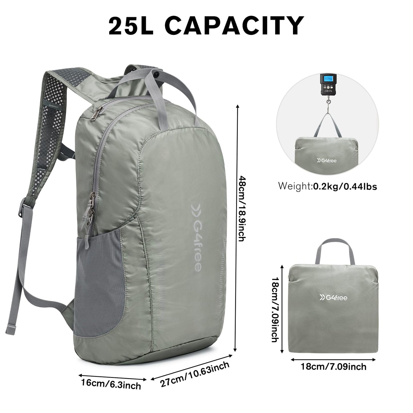 G4Free 25L Lightweight Hiking Backpack Packable Foldable Sport Travel Daypack Water Resistant for Women Men(Grey Green)
