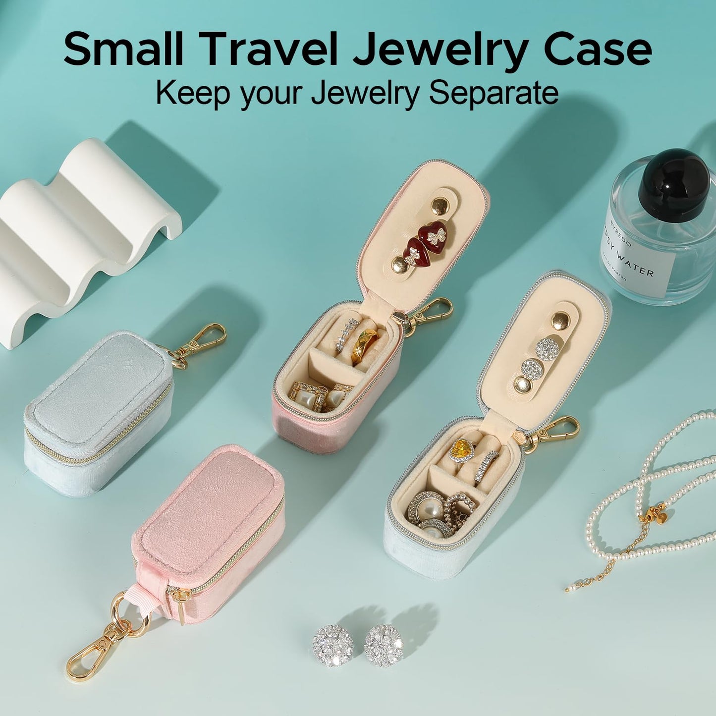 KEVANCHO Small Travel Jewelry Box Keychain, Portable Storage Ring Necklace Earrings Holder Case Organizer Gift for Women (Blue)