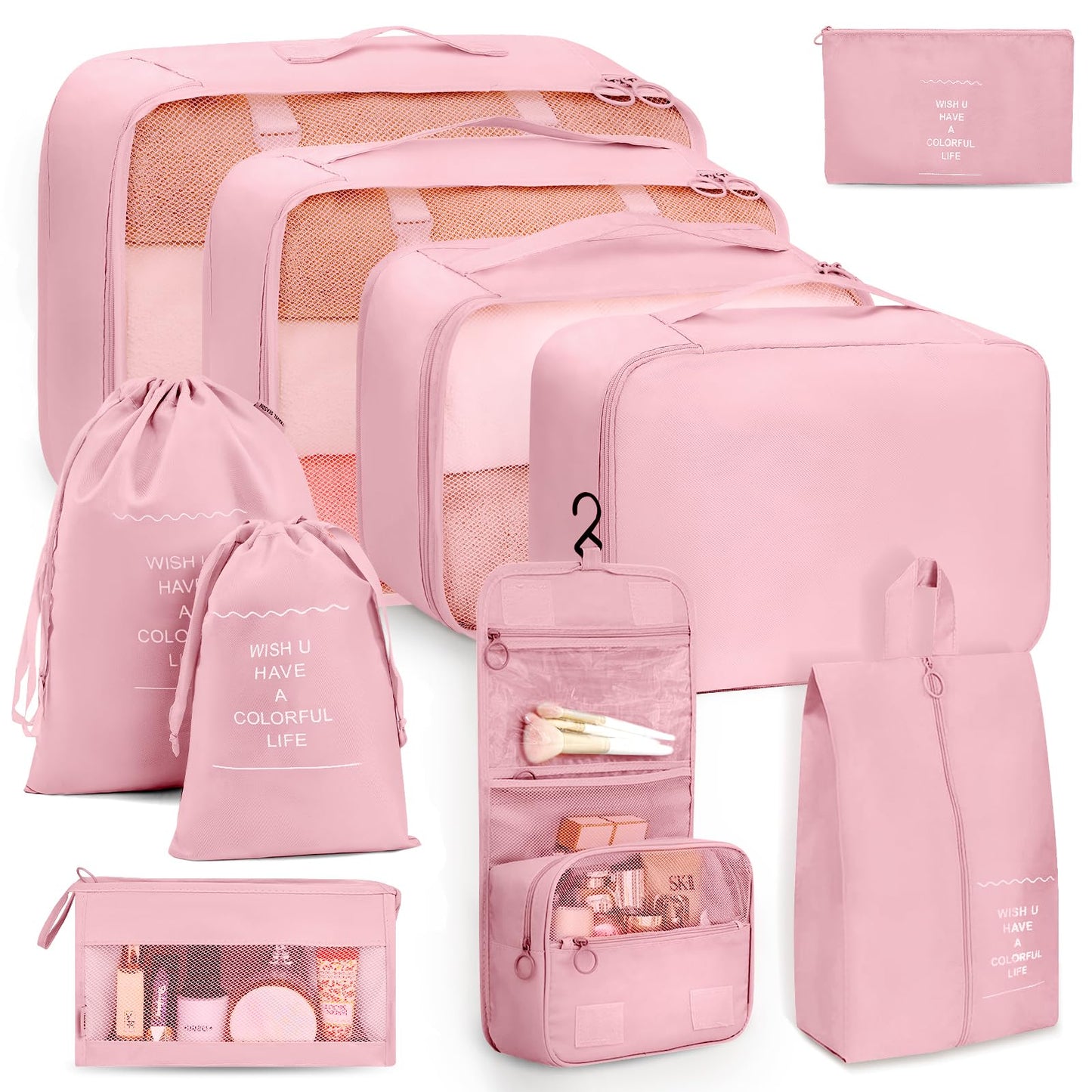 Anjing 10 Set Packing Cubes Luggage Packing Organizers for Travel Accessories Travel Essentials Luggage Organizer Bags for Carry on Suitcases, Pink, (WMUS1202X01-3)