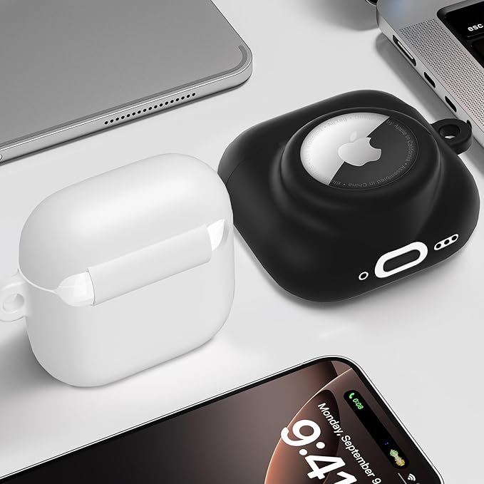 2 in 1 Silicone Case Compatible with AirPod 4 and AirTag, Shockproof Protective Skin Cover for AirPods 4th Generation with Cleaner Kit & Carabiner (Black)