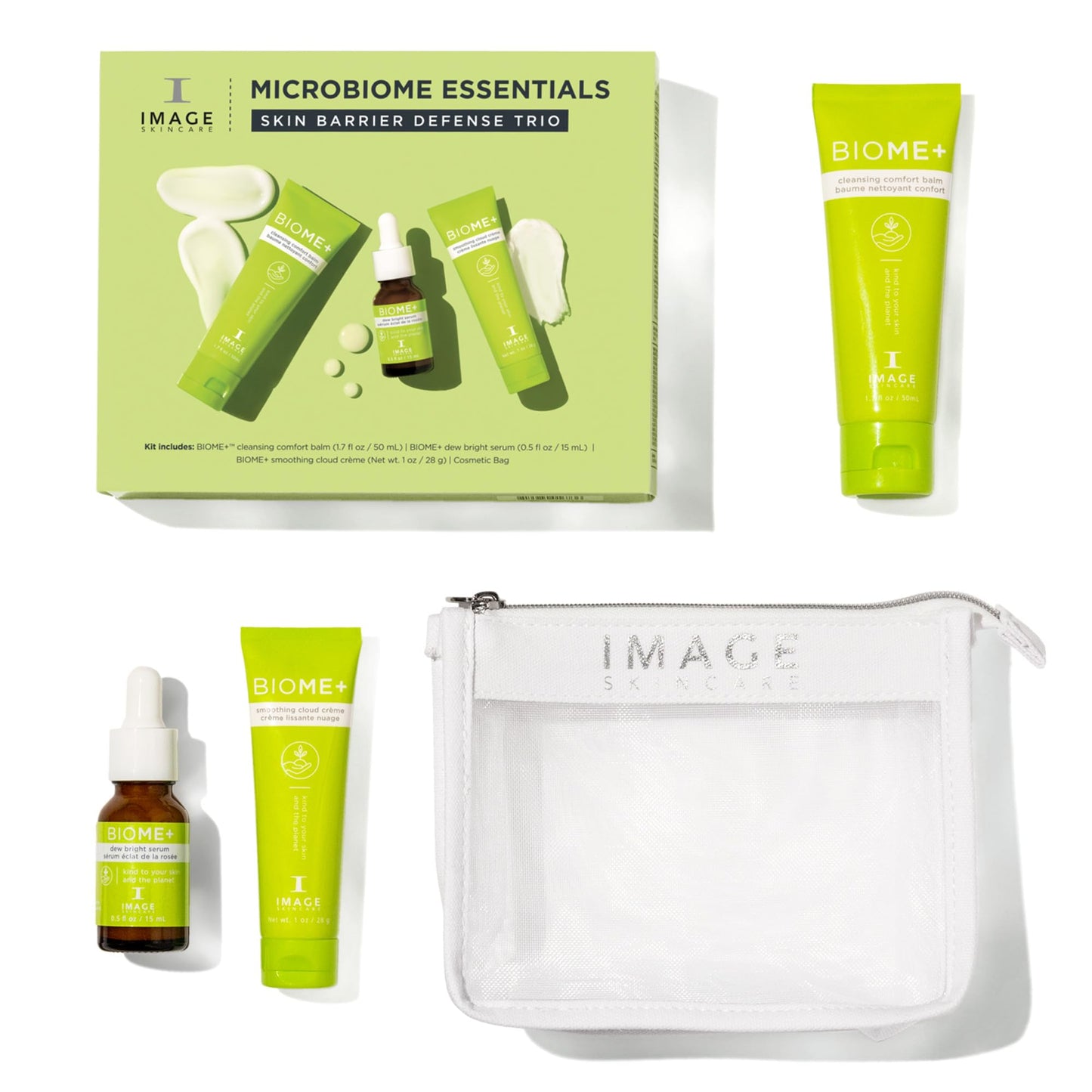 IMAGE Skincare, BIOME+ Microbiome Essentials Skin Barrier Defense Trio, 3 Step Travel Regimen with Facial Cleansing Balm, Dew Serum and Smoothing Cream