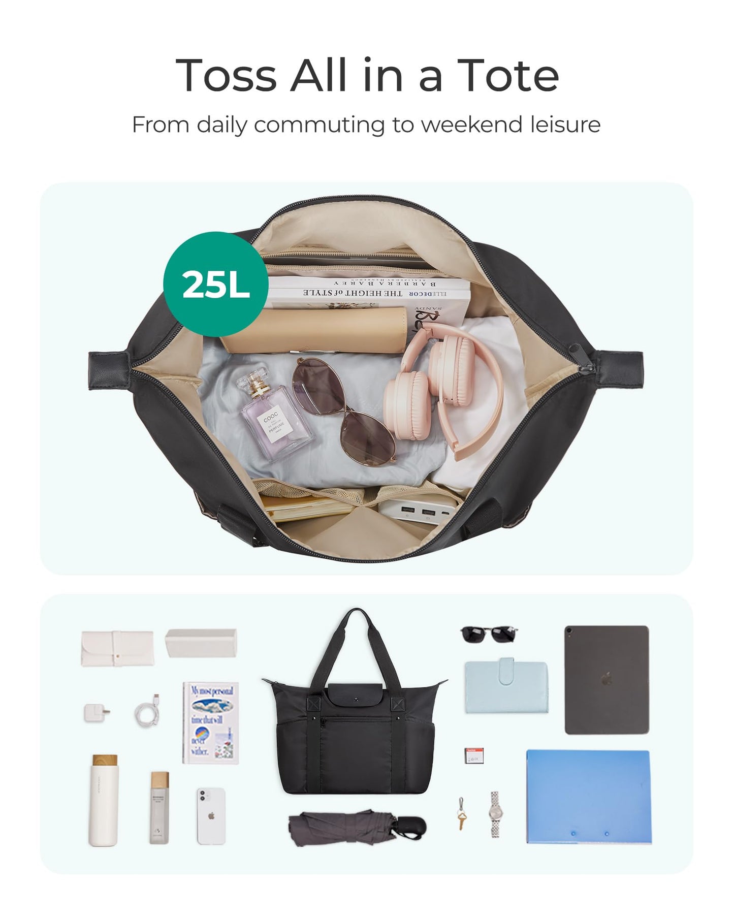 BAGSMART Foldable Tote with Compartments & Zipper, Ladies' Work & Travel Tote, Black