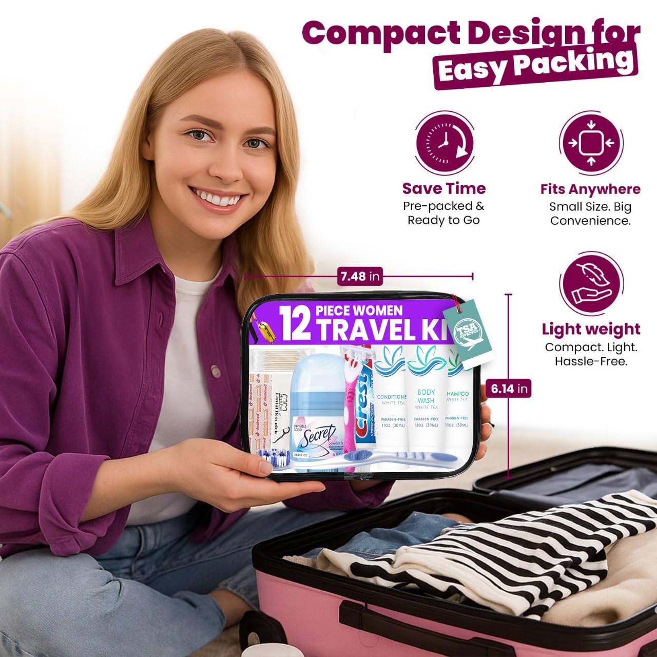 Trektote Travel Toiletry Kit For Women – 12 Piece Set Of Travel Size Toiletries, TSA Compliant, Travel Essentials, Includes Shampoo And Conditioner, Body Wash, Toiletry Bag & More