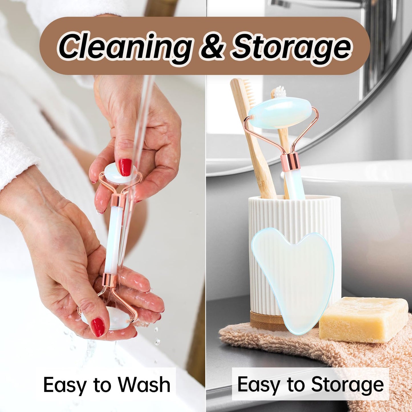 Olaemuo Opal Gua Sha and Face Roller, Real Jade Gua-Sha Stone Facial Tools Set for Reduce Puffiness, Body Guasha Tool for Relieve Neck Tension, SinkCare Beauty Massager as Present for Women,Opal