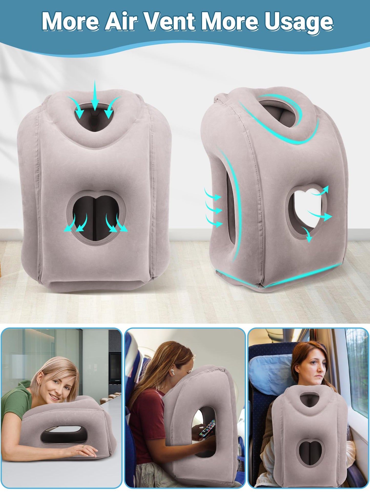 Maliton Inflatable Travel Pillow for Airplane Comfortable Sleeping to Relieve Neck and Shoulder Pain, Support Head Inflatable Pillow for Long Flights, Used for Airplanes, Cars, Trains, Office(Grey)