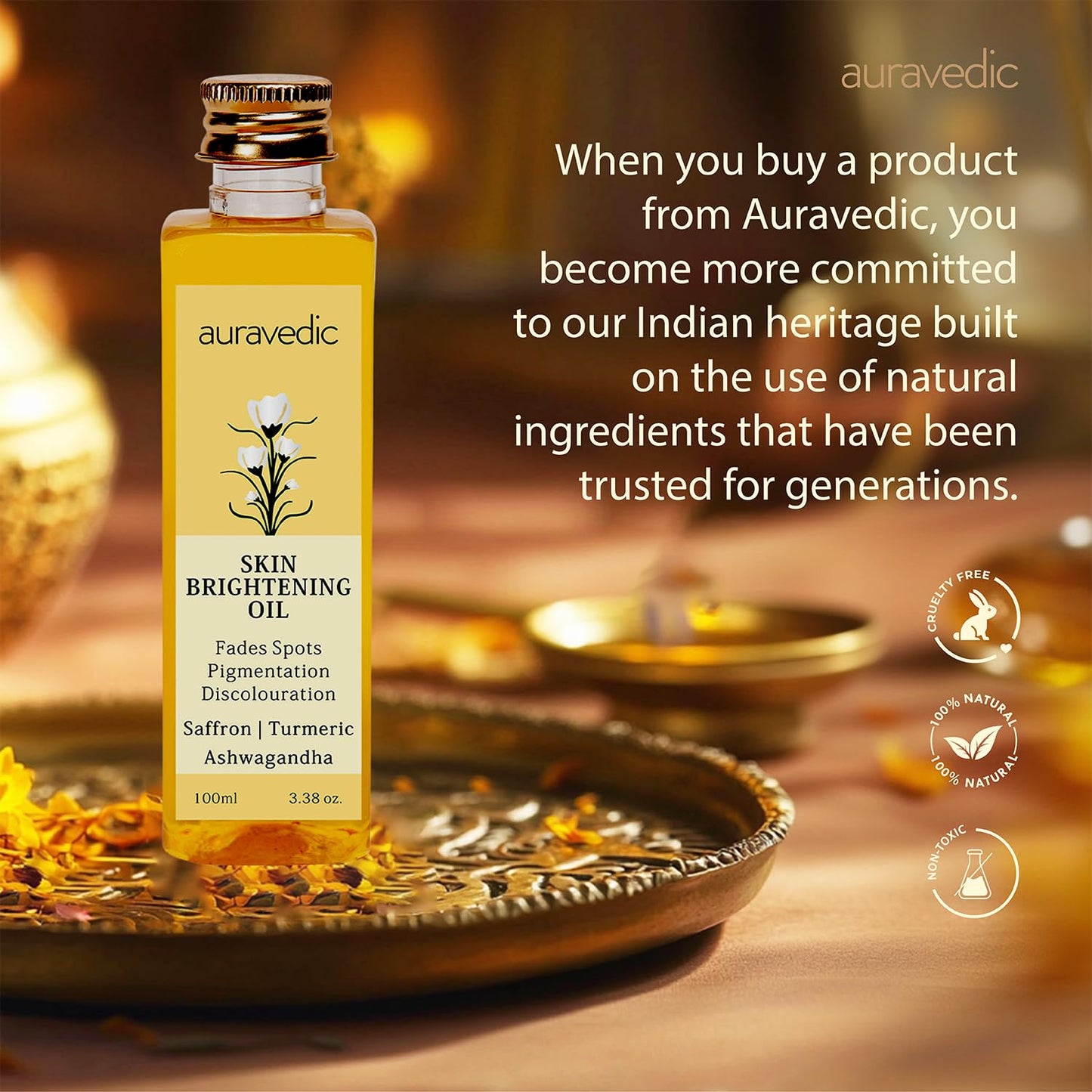 Auravedic Skin Oil for Radiant Skin | Face Massage Oil with Turmeric, Saffron & Ashwagandha | Suits Oily, Dry & All Skin Types | Organic & Natural | 3.38 Fl Oz (100ml)