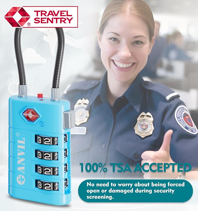 ANVIL 4 Digit Luggage Locks, TSA Locks for Luggage, Advanced TSA008 core, Alert Indicator for Your Travel Lock, Suitcase Lock. (3, Blue)