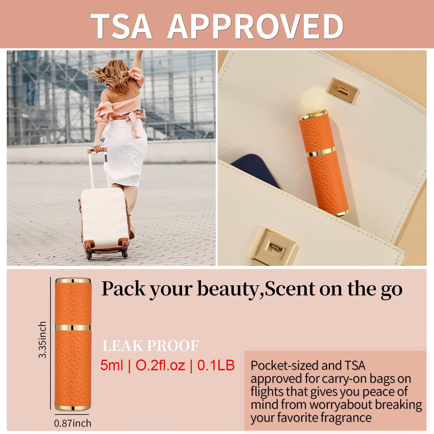 Sinyutia Portable Mini Perfume Refillable Bottle, 5ml Leather Material Travel Atomizador, Fine Mist Refillable Cologne Dispenser Sprayer, With Funnel And Perfume Diffuser Tool For Women&Men (Orange)