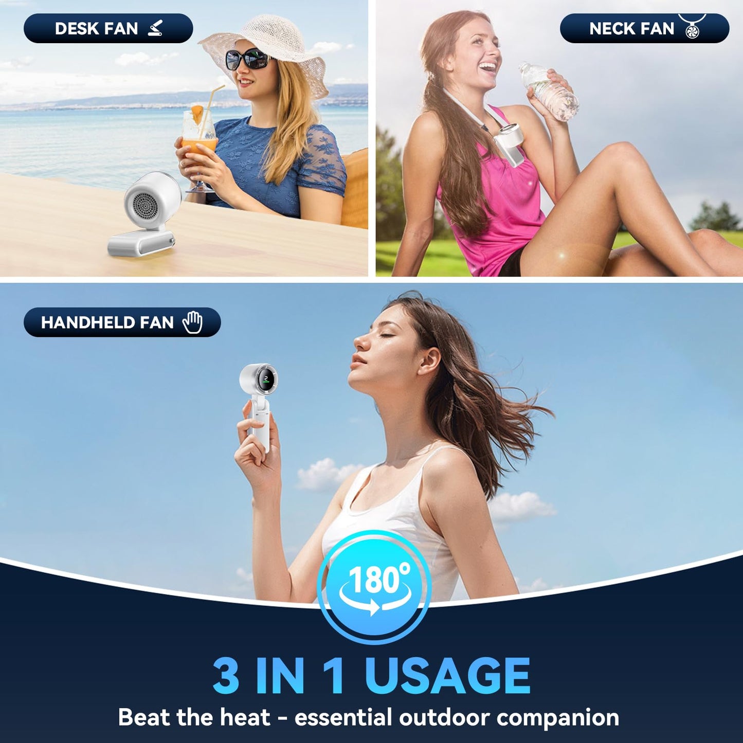 PlayHot Portable Handheld Turbo Fan, 5 Gear Wind, Battery Operated, Up to 12 Working Hours, 3 IN 1 Hand Fans with Air Turbo Tech Cooling Fan for Outdoor Activities, Travel, Beach (White)