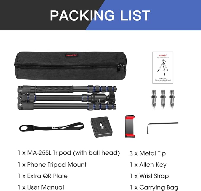 Camera Tripod, Manbily 74" Aluminum Travel Tripod Monopod Stand for Camera DSLR Phone, 360° Ball Head w Handle and Extra 1/4" QR Plate, Payload 17.6lbs, Compatible with Canon Nikon Sony