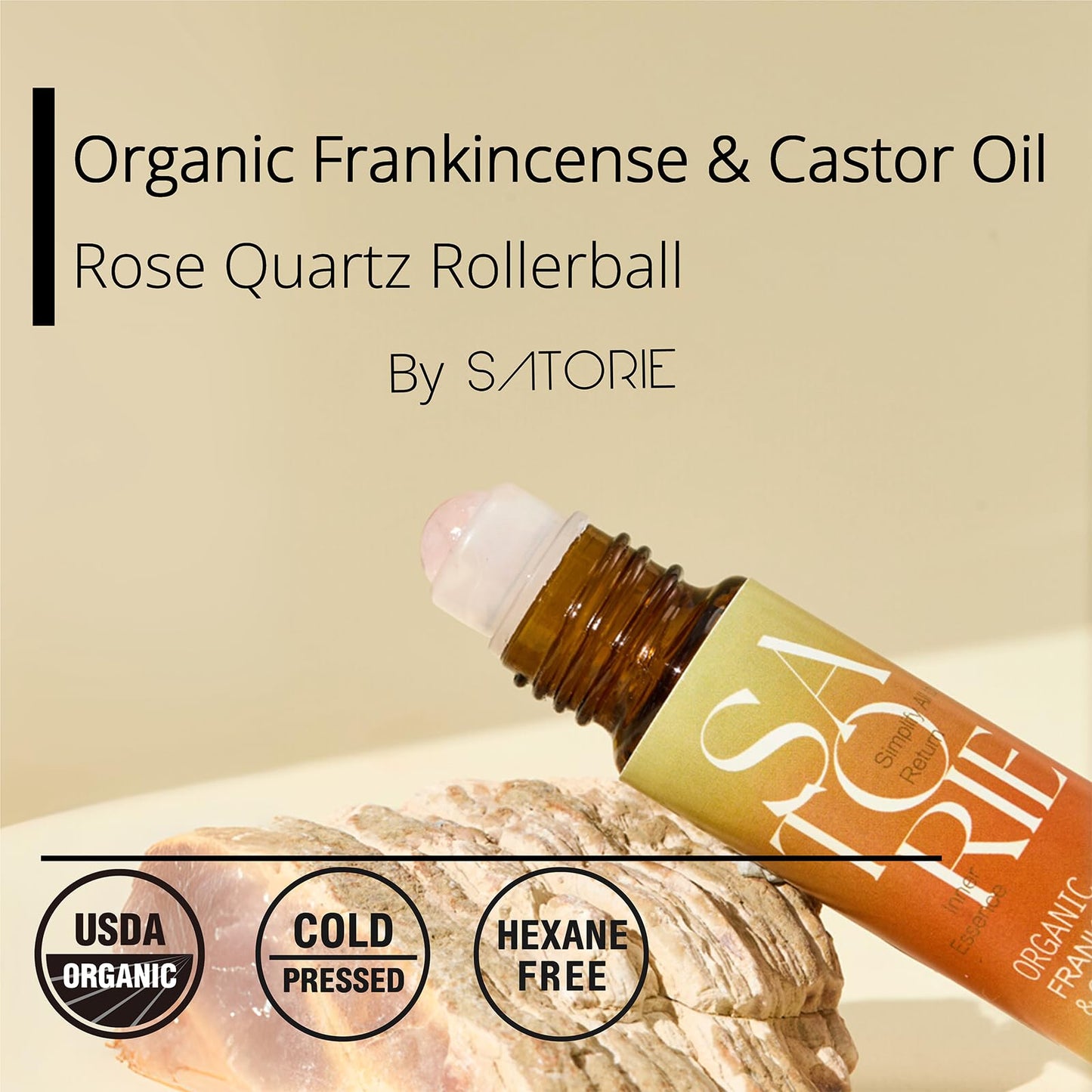 SATORIE Organic Castor & Frankincense Oil with Rose Quartz Rollerball - USDA Certified Essential Blend Oil Roll-On, Time Eraser Rollerball, for Face, Under Eyes, Anti-Aging, Dark Circles
