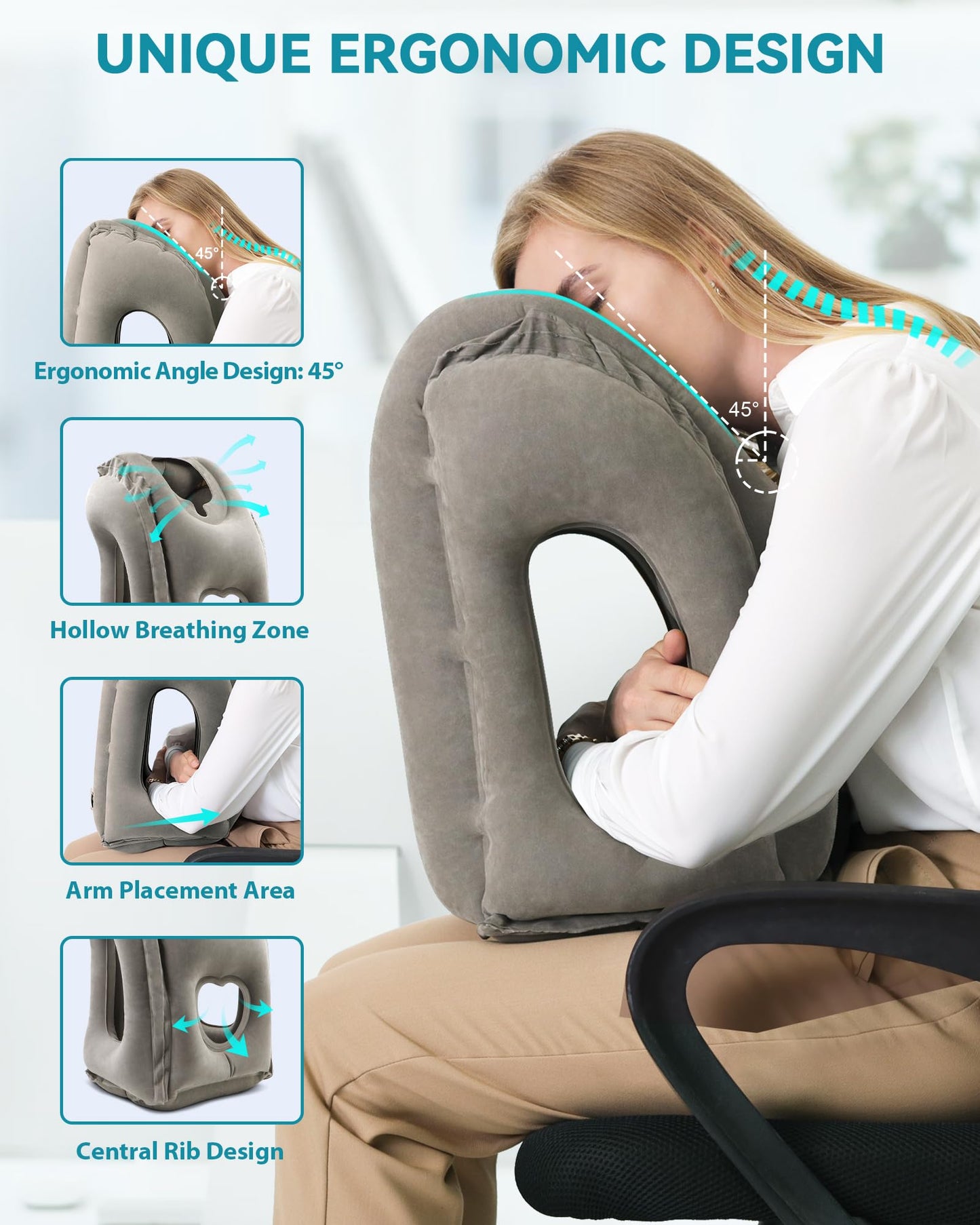 JefDiee Inflatable Travel Pillow, Airplane Neck Pillow Comfortably Supports Head and Chin for Airplanes, Trains, Cars Office Napping on The Tray Table (Grey)