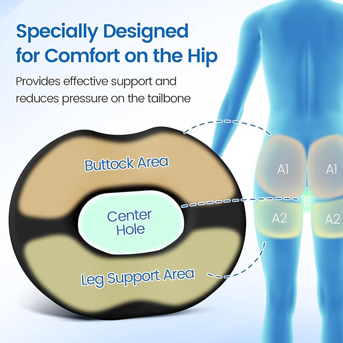 Donut Pillow Seat Cushion - Cooling Gel Floor Pillow, Memory Foam Floor Cushion for Office & Home, Car Seat, Hemorrhoids Pillow, Sciatica & Tailbone Pain Relief Chair Cushion, Black