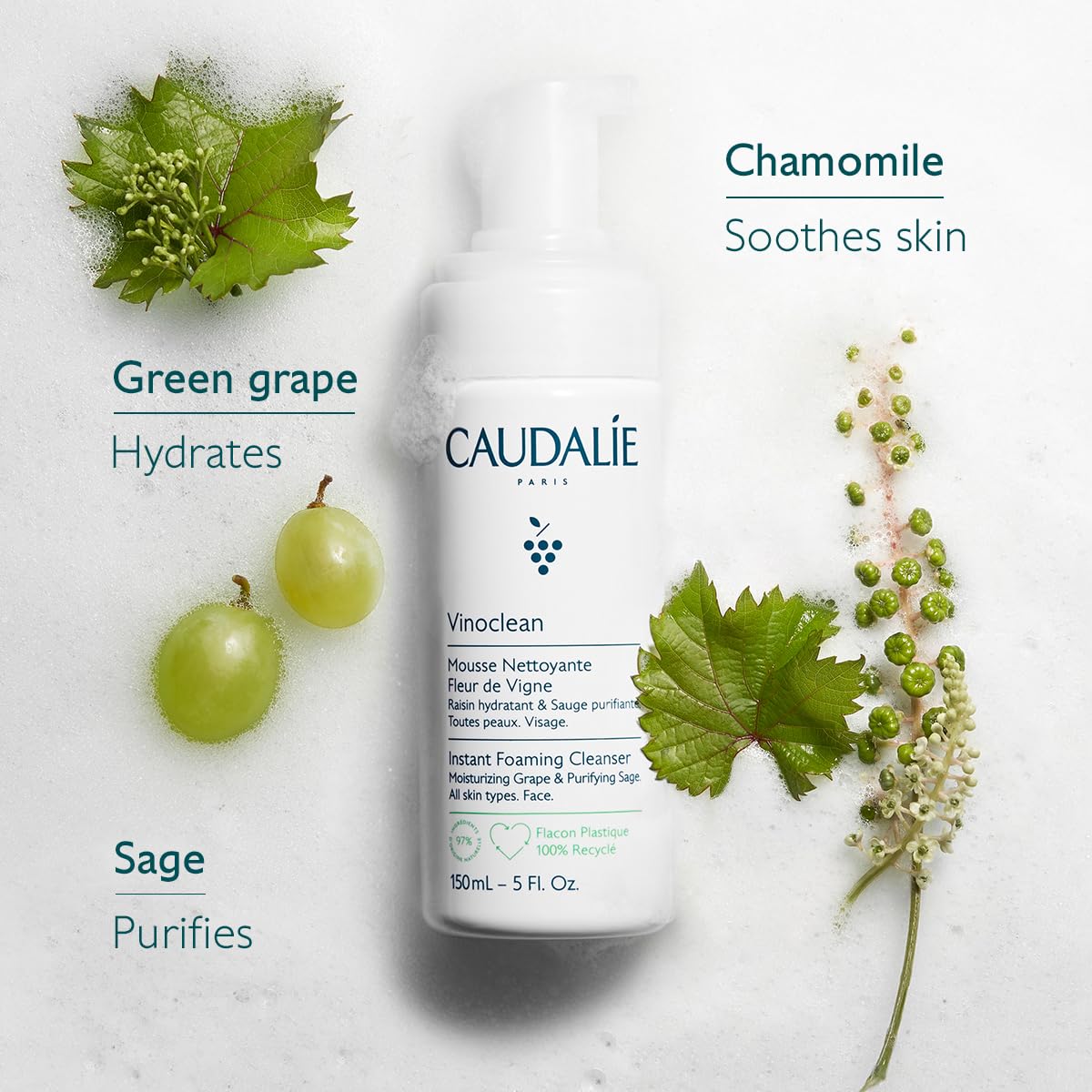 Caudalie Vinoclean Gentle Foaming Cleanser Travel Size, Instant Foaming Cleanser - 50 mL