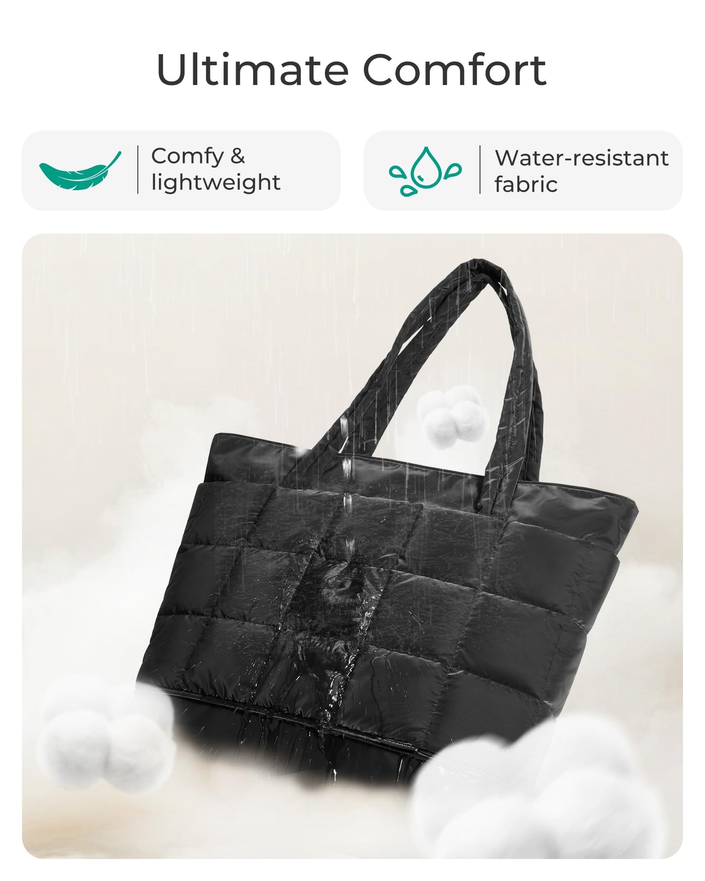 BAGSMART Expandable Tote Bag for Women, Zippered Puffer Design with Water-Resistant Quilted, Nurse and Carry-On Travel Bag, Black