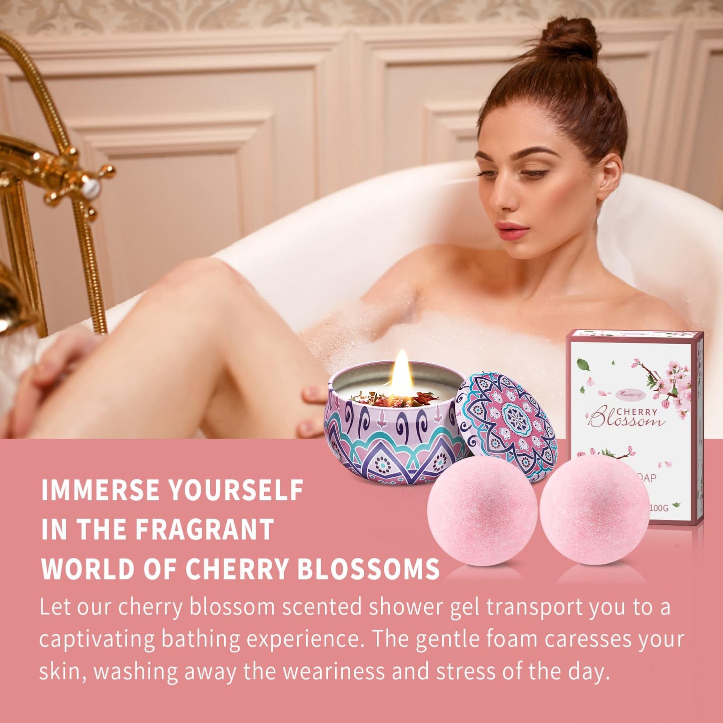 Bath and Body Gift Set for Women - Luxurious Home Spa Gift Set, Japanese Cherry Blossom Scented 7-Piece Set Including Shower Gel, Body Lotion, Bath Oil, Bath Salt, Soap, Bath Bombs, and Candle
