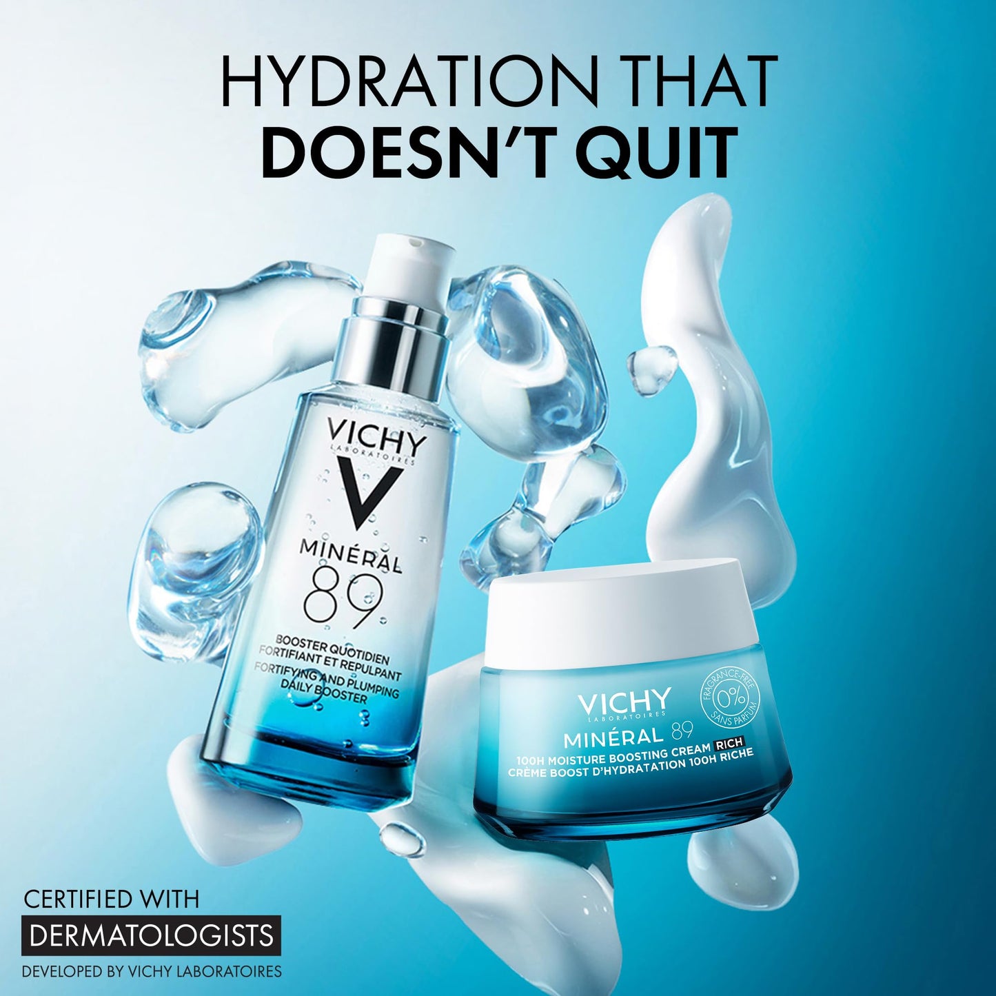 Vichy Mineral 89 Cream, 100H Rich Fragrance Free Moisture Boosting Cream + Mineral 89 Booster 50ml, Hydrating Face Moisturizer Set with Hyaluronic Acid & Niacinamide