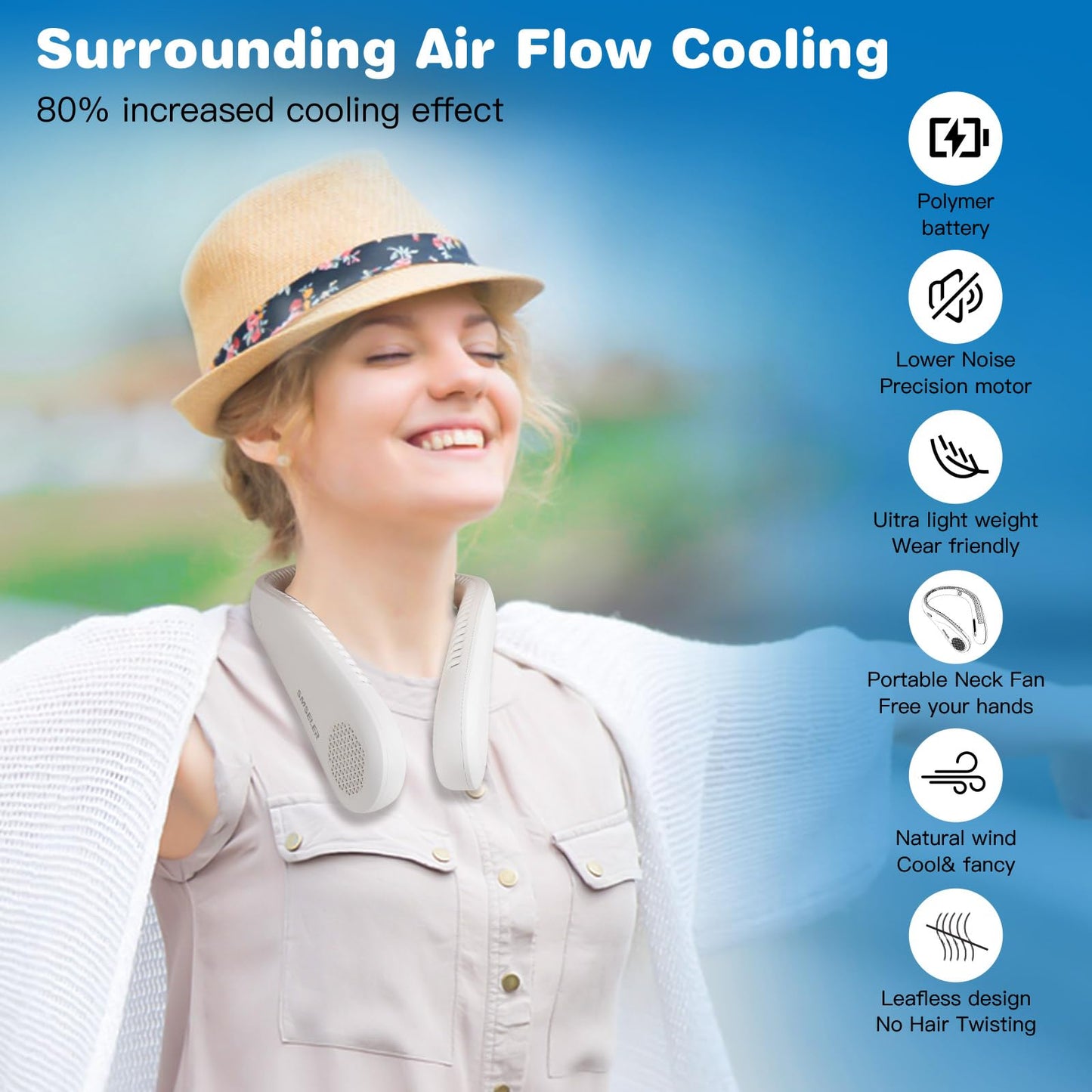 SMSELER Portable Bladeless Neck Cooling Fan: 6000mAh Rechargeable, 3-Speed Wearable Personal Air Conditioner, Hands-Free Quiet Cooling,Birthday Gifts for Men Women Dad Mom (White)