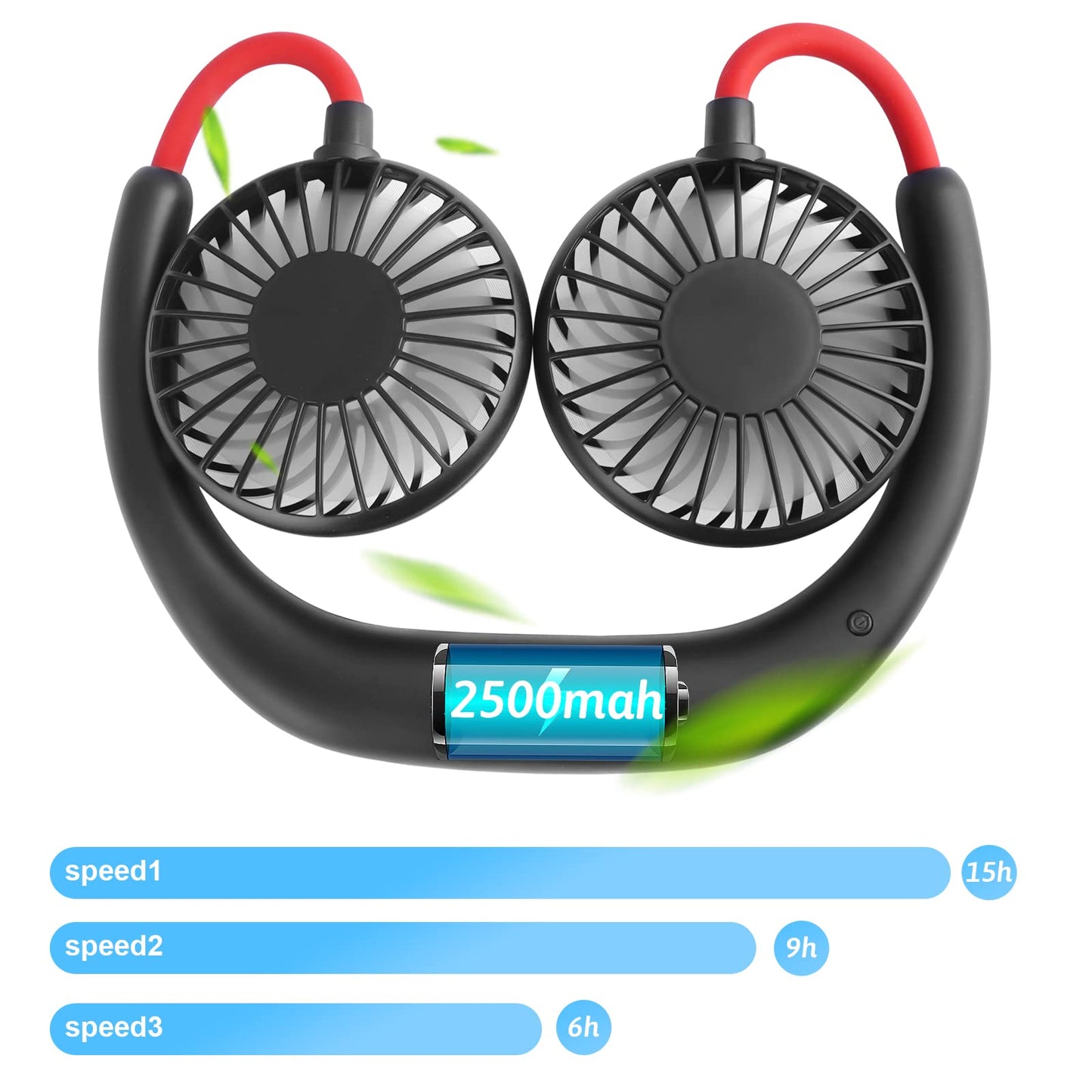 Portable Neck Fan 2500 mAh Rechargeable USB Hands-Free Mini Face Cooling Personal Double Headed Rotatable Small Fan for Working Office Reading Traveling Outdoor Sport
