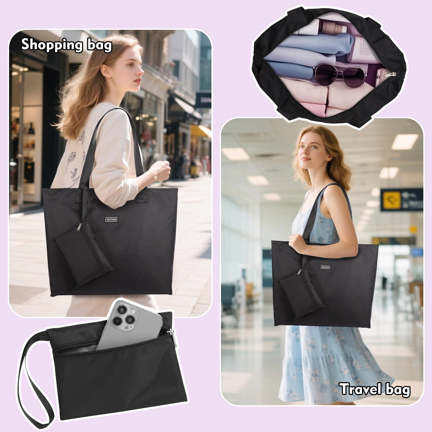 AOTIAN Heavy Duty 20 Liter Reusable Grocery Bags, Thickened Tear-Resistant Polyester Fabric Foldable Machine Washable Shopping Bags, Zipper Closure Water-Resistant Large Tote Bag Travel Gym Beach Bag