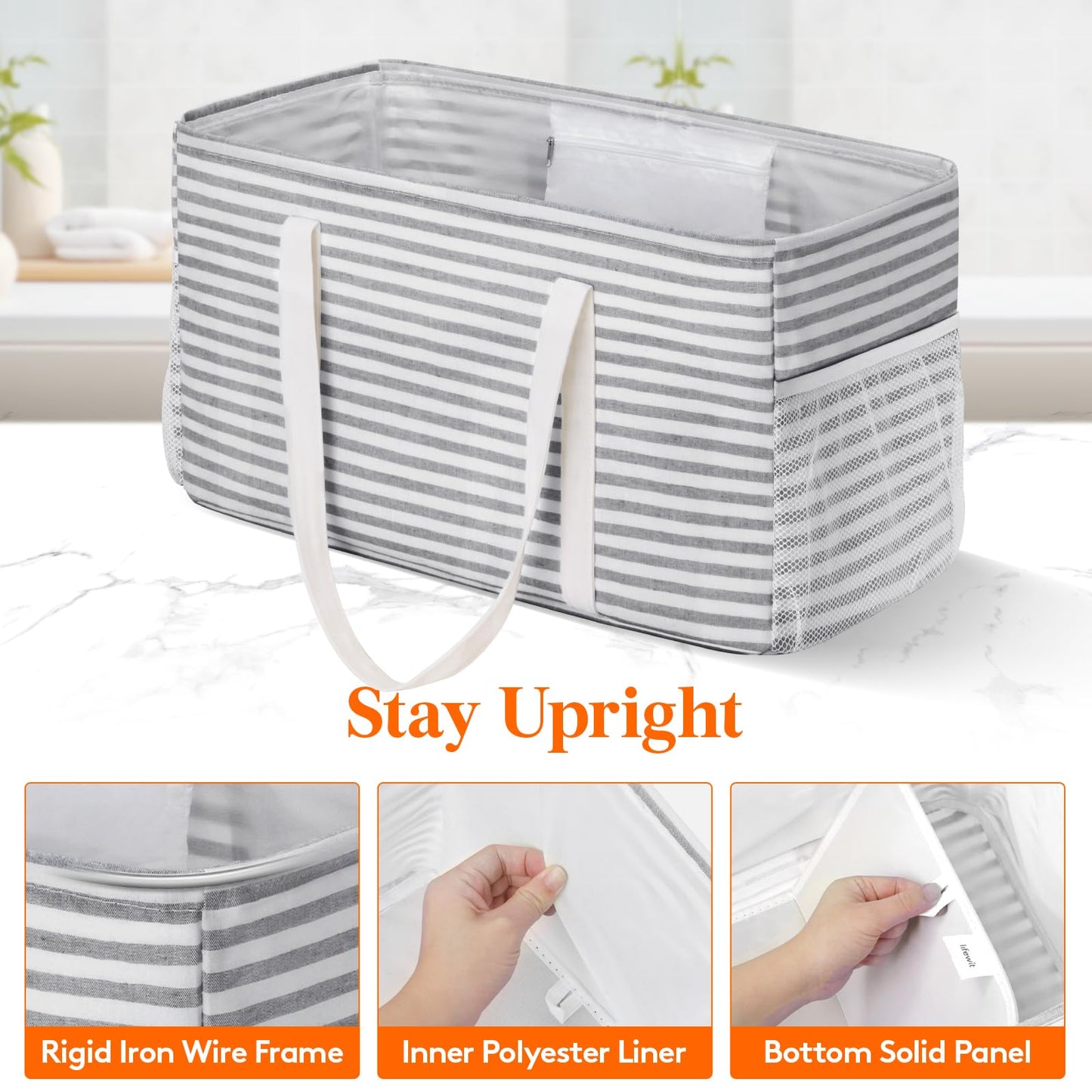 Lifewit Extra Large Tote Bag, Reusable Grocery Bags with Metal Wire Frame and Handles, Standing Utility Foldable Shopping Bags for Storage, Picnics, Beach, Pool, Laundry, Car, Camping, 1 Pack, Grey