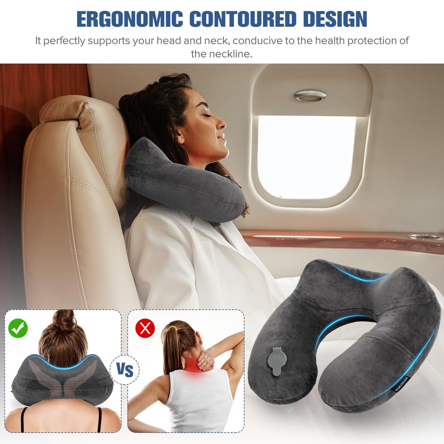 Rewondah Inflatable Travel Pillow for Sleeping Airplane - Inflatable Neck Pillow for Traveling on Plane with Washable Cover, Blow up Neck Travel Pillow for Airplanes, Cars - Portable and Comfortable