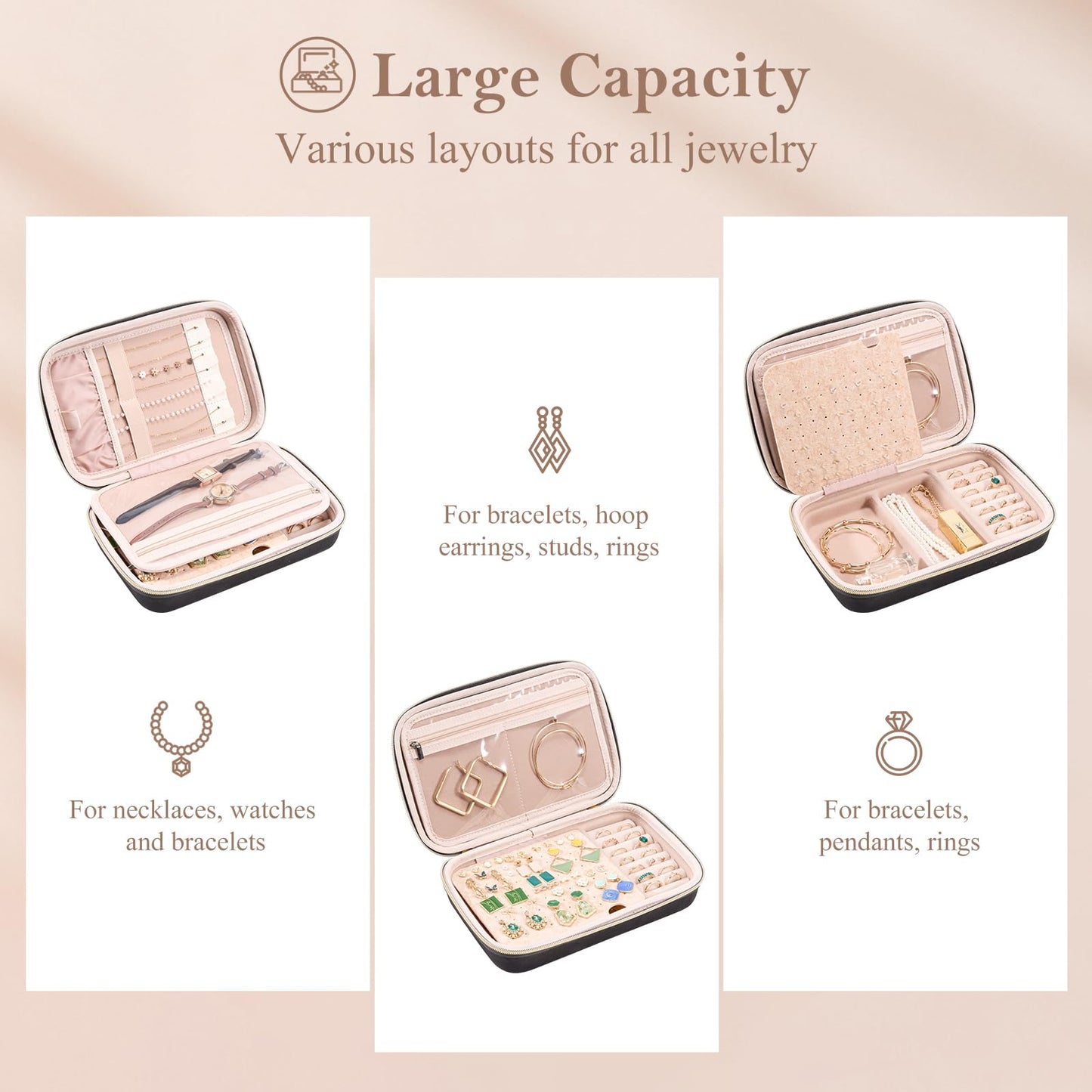 ProCase Large Travel Jewelry Organizer Case, Jewellry Home Storage Book Ring Binder with Clear Pockets for Presentation, Zippered Pouch Bag for Earrings Necklaces Bracelets -Black, Non-loose-leaf