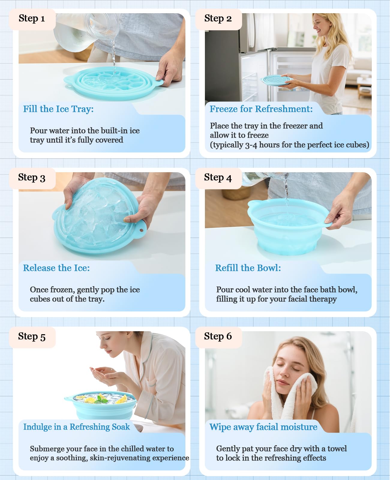 Foldable Silicone Face Ice Bath Bowl with Built-In Ice Tray, Cold Plunge Therapy for Skin Tightening, Puffiness Reduction & Acne Relief, Portable Spa Tool for Home & Travel (Blue)