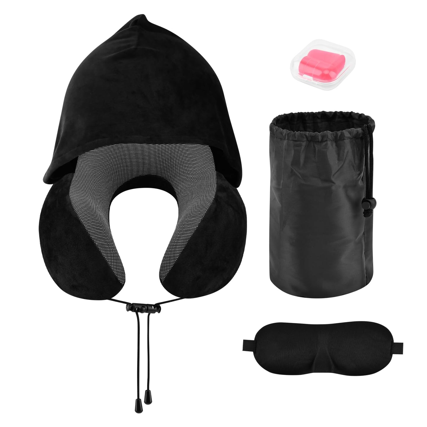 Hooded Travel Neck Pillow, Soft Travel Pillow with Earplugs & Eye Mask U Shaped Memory Foam Neck Pillow with Hood for Airplane, Office, Cars Sleeping Rest(Black)
