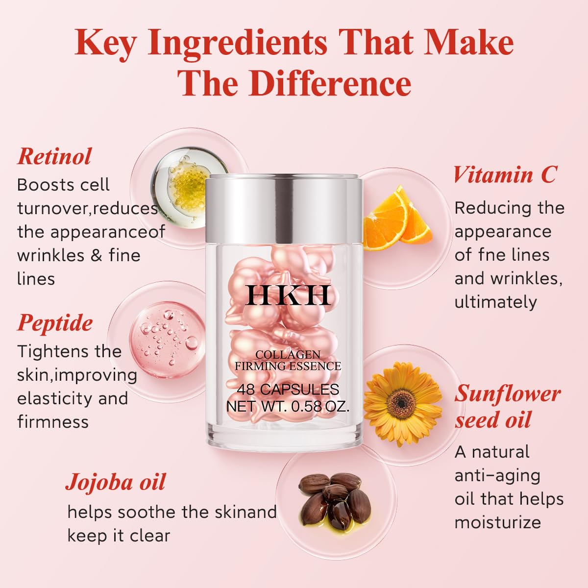HKH Retinol Face Serum Oil - Anti-aging Night Serum with Vitamin E, 48 Capsules, Reduce Wrinkles, Firm & Hydrate Skin, Non-Greasy Formula, Travel-Friendly Skincare, with Scissors