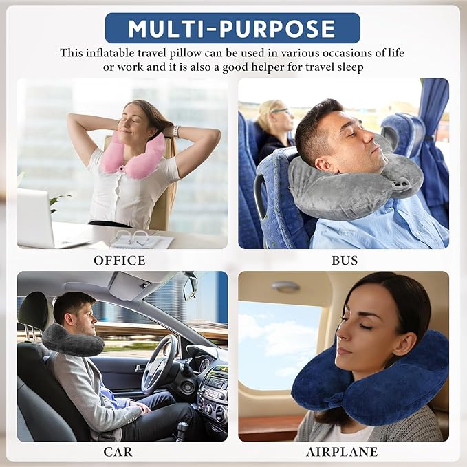 Sintuff 4 Sets Inflatable Travel Pillows for Airplanes with Compact Bag and Blindfold Velvet Inflatable Neck Pillow for Traveling Head Support U Shaped Flight, 12 x 12 x 5.5 Inch (Assorted Colors)